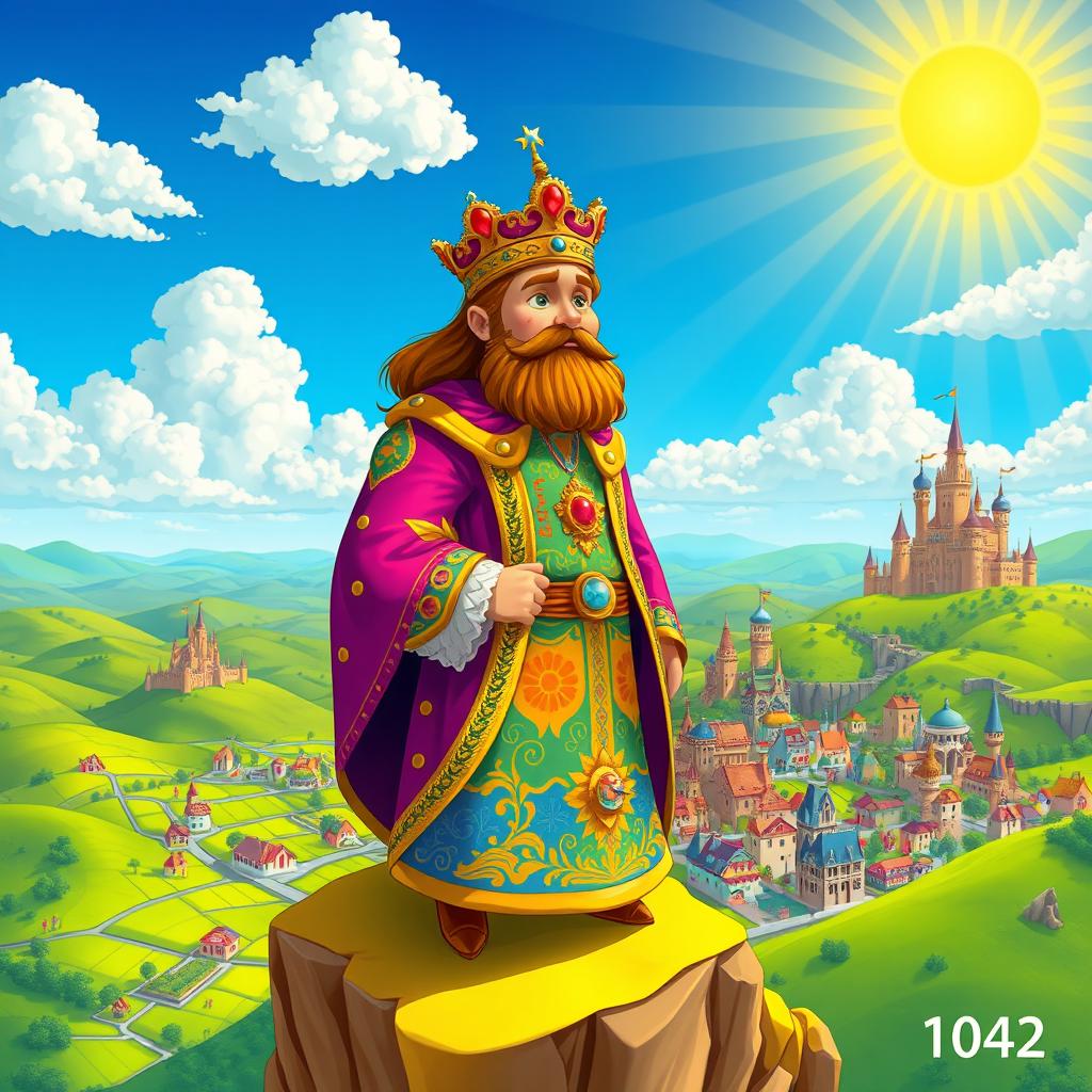 A vibrant and colorful depiction of a king standing atop a high cliff, gazing over his expansive kingdom set in the year 1042