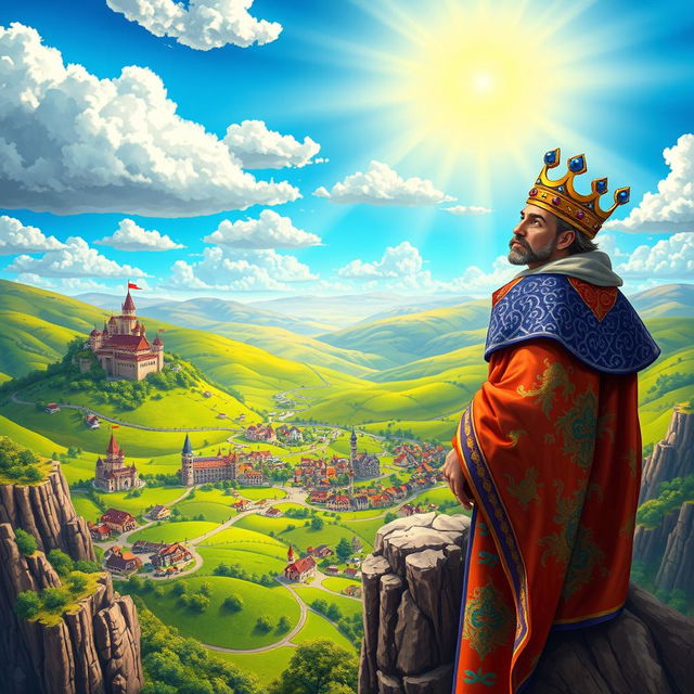 A vibrant and colorful depiction of a king standing atop a high cliff, gazing over his expansive kingdom set in the year 1042