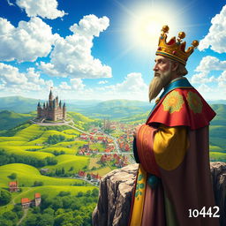 A vibrant and colorful depiction of a king standing atop a high cliff, gazing over his expansive kingdom set in the year 1042