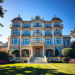 A grand and luxurious mansion featuring an impressive architectural design, surrounded by lush gardens and elegant landscaping