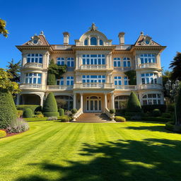 A grand and luxurious mansion featuring an impressive architectural design, surrounded by lush gardens and elegant landscaping