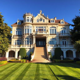 A grand and luxurious mansion featuring an impressive architectural design, surrounded by lush gardens and elegant landscaping
