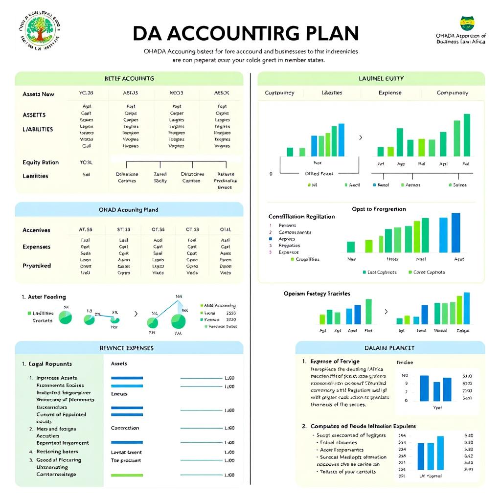 A detailed and structured OHADA (Organisation for the Harmonization of Business Law in Africa) accounting plan, featuring a comprehensive outline of various accounting categories such as assets, liabilities, equity, revenue, and expenses