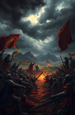 A dramatic scene depicting a fierce battle between kingdoms, surrounded by a tense atmosphere of deceit and intrigue