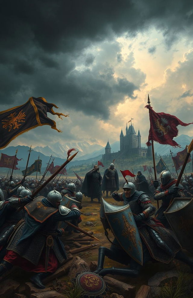 A dramatic scene depicting a fierce battle between kingdoms, surrounded by a tense atmosphere of deceit and intrigue