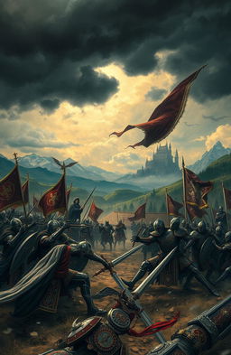 A dramatic scene depicting a fierce battle between kingdoms, surrounded by a tense atmosphere of deceit and intrigue