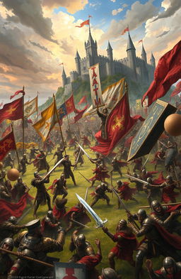 A dramatic scene depicting a fierce battle between three kingdoms, showcasing intricate tactics and devious plots