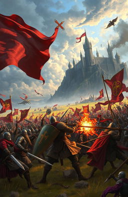 A dramatic scene depicting a fierce battle between three kingdoms, showcasing intricate tactics and devious plots