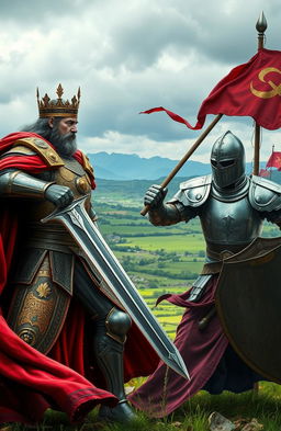 A dramatic scene depicting a king and a knight in a fierce battle, set in a medieval fantasy world