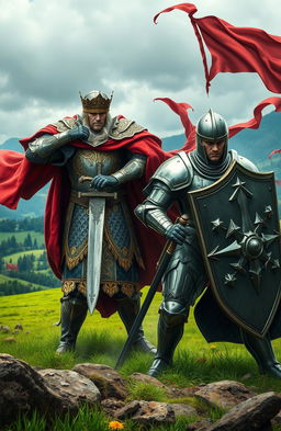 A dramatic scene depicting a king and a knight in a fierce battle, set in a medieval fantasy world