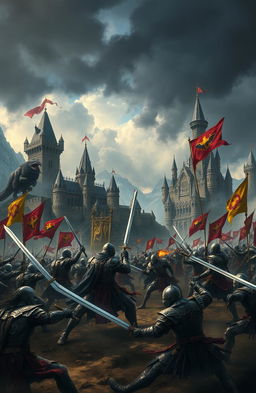 An epic battle scene depicting a war for the throne among fierce warriors of Akerzen, surrounded by grand castles and rugged landscapes