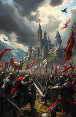 An epic battle scene depicting a war for the throne among fierce warriors of Akerzen, surrounded by grand castles and rugged landscapes