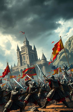 An epic battle scene depicting a war for the throne among fierce warriors of Akerzen, surrounded by grand castles and rugged landscapes