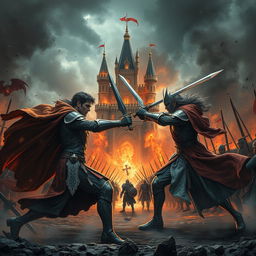 A dramatic scene capturing the war between two princes fighting for the throne in a fantasy realm, inspired by the novel 'Love and Ashes'