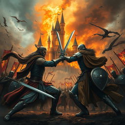 A dramatic scene capturing the war between two princes fighting for the throne in a fantasy realm, inspired by the novel 'Love and Ashes'