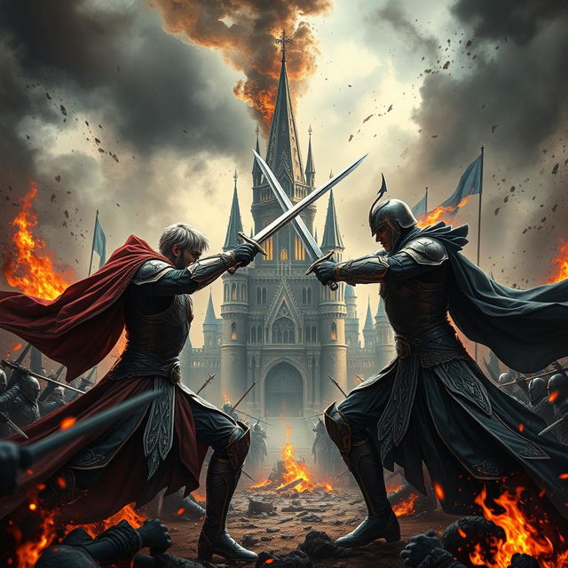 A dramatic scene capturing the war between two princes fighting for the throne in a fantasy realm, inspired by the novel 'Love and Ashes'