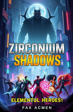 A dynamic scene featuring a group of heroic characters with diverse elemental powers set against the backdrop of a sprawling futuristic cityscape filled with towering skyscrapers, vibrant neon lights, and advanced technology