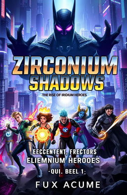 A dynamic scene featuring a group of heroic characters with diverse elemental powers set against the backdrop of a sprawling futuristic cityscape filled with towering skyscrapers, vibrant neon lights, and advanced technology