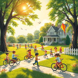 A nostalgic and whimsical scene depicting a vibrant summer day in a suburban neighborhood, filled with children playing joyfully