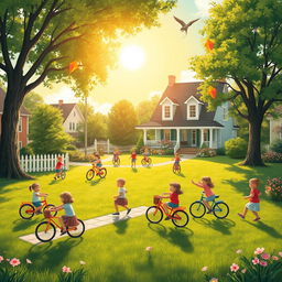 A nostalgic and whimsical scene depicting a vibrant summer day in a suburban neighborhood, filled with children playing joyfully