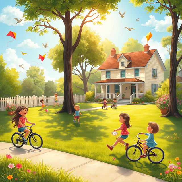 A nostalgic and whimsical scene depicting a vibrant summer day in a suburban neighborhood, filled with children playing joyfully