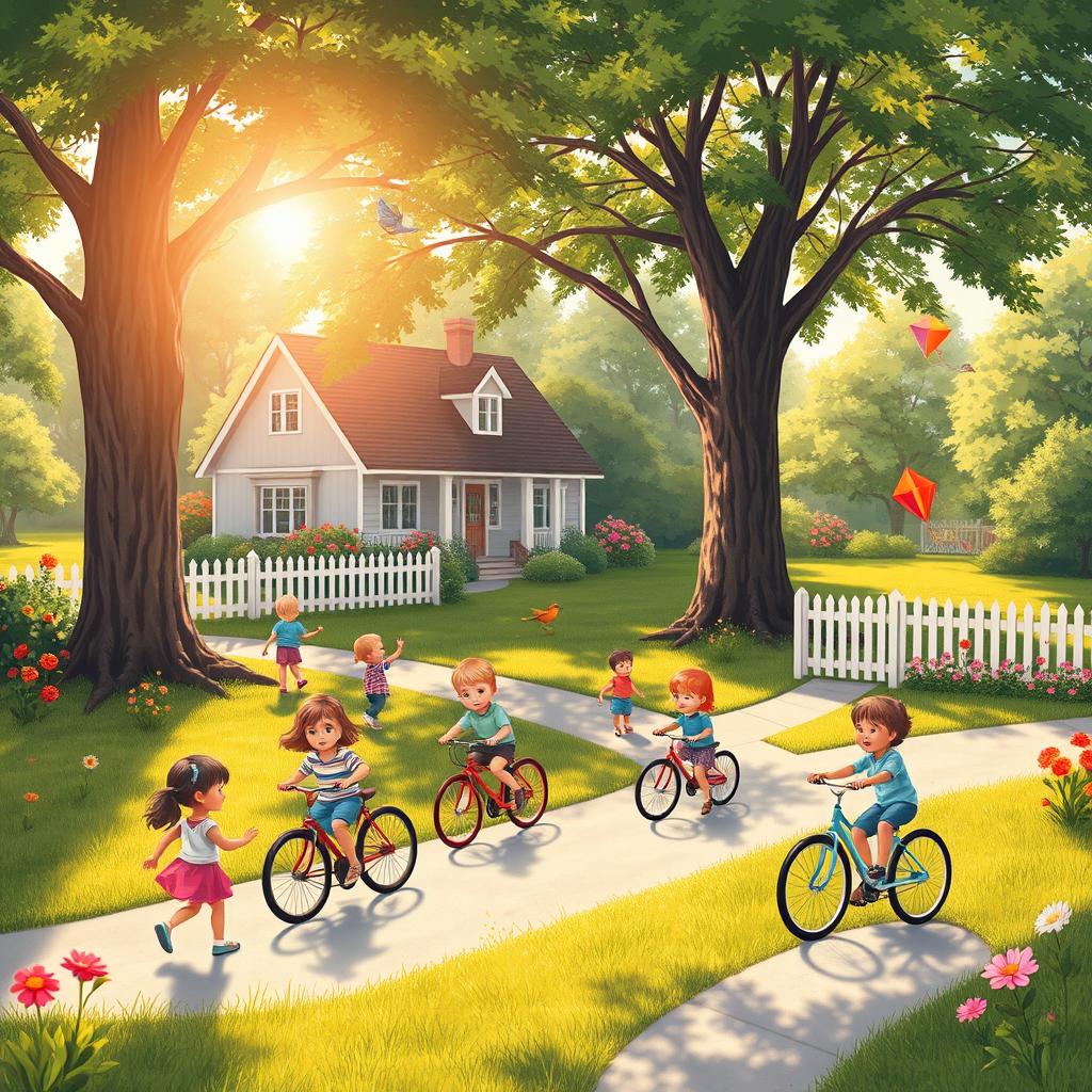 A nostalgic and whimsical scene depicting a vibrant summer day in a suburban neighborhood, filled with children playing joyfully