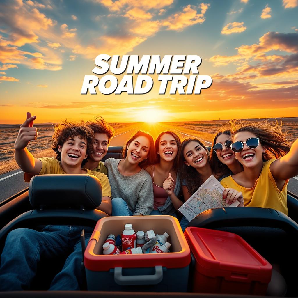 A captivating poster for a coming-of-age movie aimed at teenagers, featuring a diverse group of friends embarking on an adventurous summer road trip