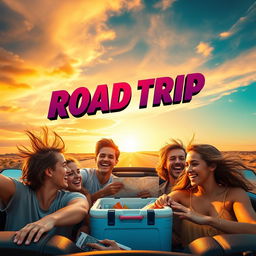 A captivating poster for a coming-of-age movie aimed at teenagers, featuring a diverse group of friends embarking on an adventurous summer road trip