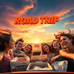 A captivating poster for a coming-of-age movie aimed at teenagers, featuring a diverse group of friends embarking on an adventurous summer road trip