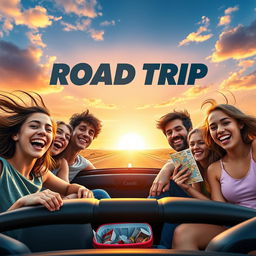 A captivating poster for a coming-of-age movie aimed at teenagers, featuring a diverse group of friends embarking on an adventurous summer road trip