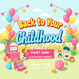 A vibrant and fun poster design for a party theme titled "Back to Your Childhood"