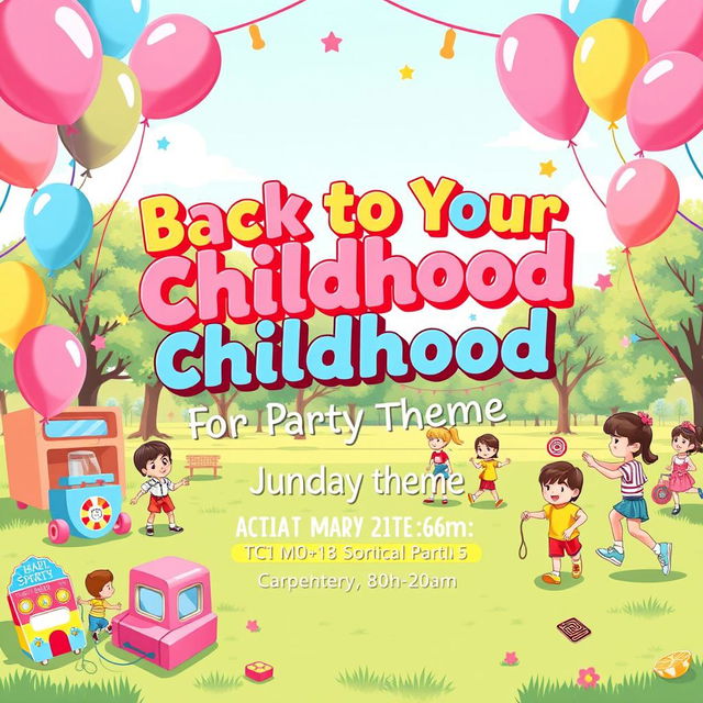 A vibrant and fun poster design for a party theme titled "Back to Your Childhood"