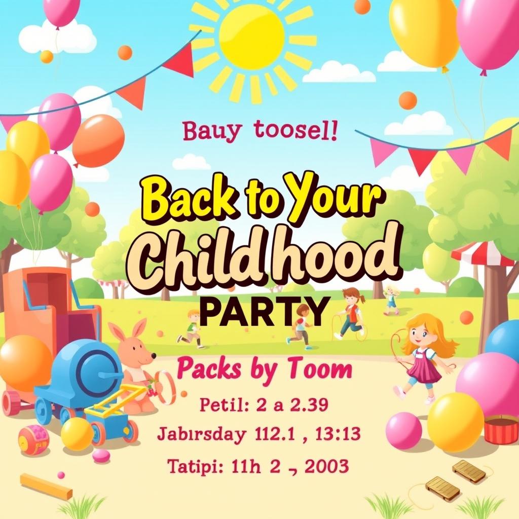 A vibrant and fun poster design for a party theme titled "Back to Your Childhood"