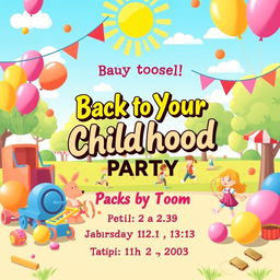 A vibrant and fun poster design for a party theme titled "Back to Your Childhood"