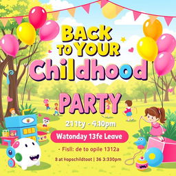 A vibrant and fun poster design for a party theme titled "Back to Your Childhood"