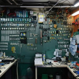 The interior of 'Saheebul Meenal', a professional and well-equipped phone repair shop, showcasing organised workstations, a variety of tools, and a wall of spare parts.