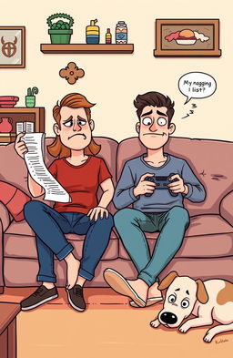 A humorous illustration of a couple sitting on a couch; the partner on the left has a playful, exaggerated expression of annoyance while waving a list, symbolizing their nagging tendencies