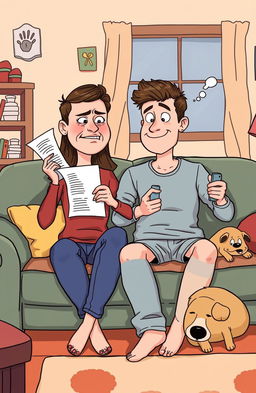 A humorous illustration of a couple sitting on a couch; the partner on the left has a playful, exaggerated expression of annoyance while waving a list, symbolizing their nagging tendencies