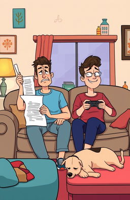A humorous illustration of a couple sitting on a couch; the partner on the left has a playful, exaggerated expression of annoyance while waving a list, symbolizing their nagging tendencies