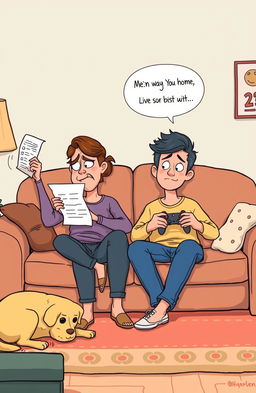 A humorous illustration of a couple sitting on a couch; the partner on the left has a playful, exaggerated expression of annoyance while waving a list, symbolizing their nagging tendencies