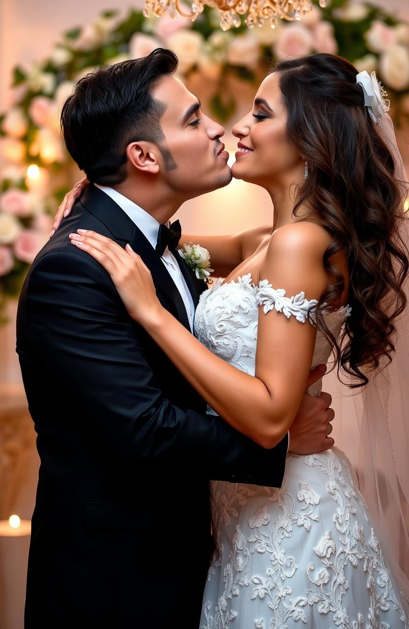 A romantic scene depicting a man passionately kissing a woman dressed in a beautiful Christian wedding gown