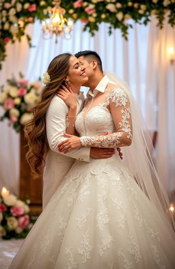 A romantic scene depicting a man passionately kissing a woman dressed in a beautiful Christian wedding gown