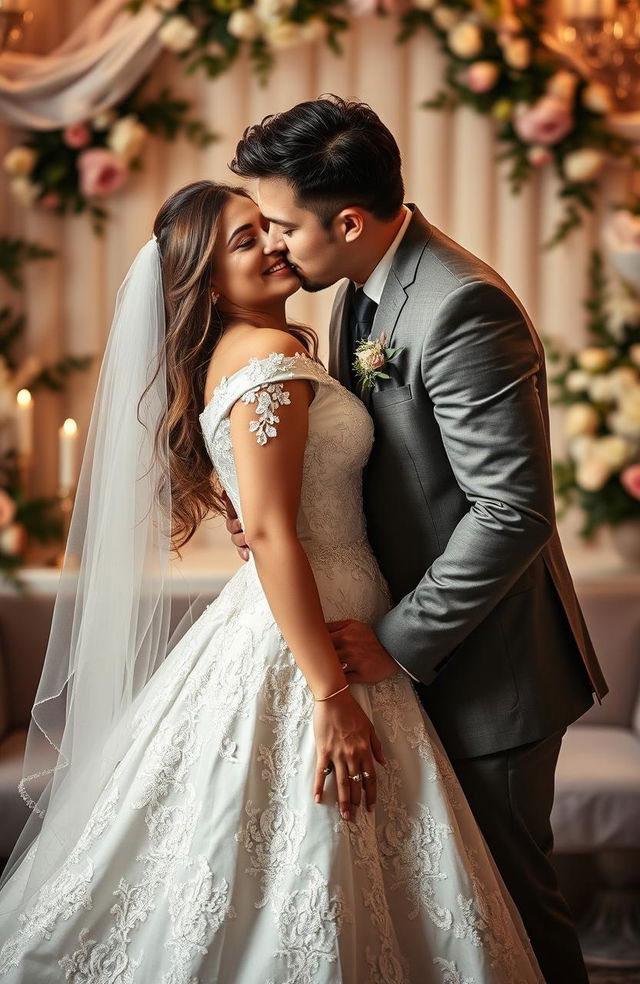 A romantic scene depicting a man passionately kissing a woman dressed in a beautiful Christian wedding gown