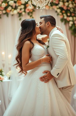 A romantic scene depicting a man passionately kissing a woman dressed in a beautiful Christian wedding gown