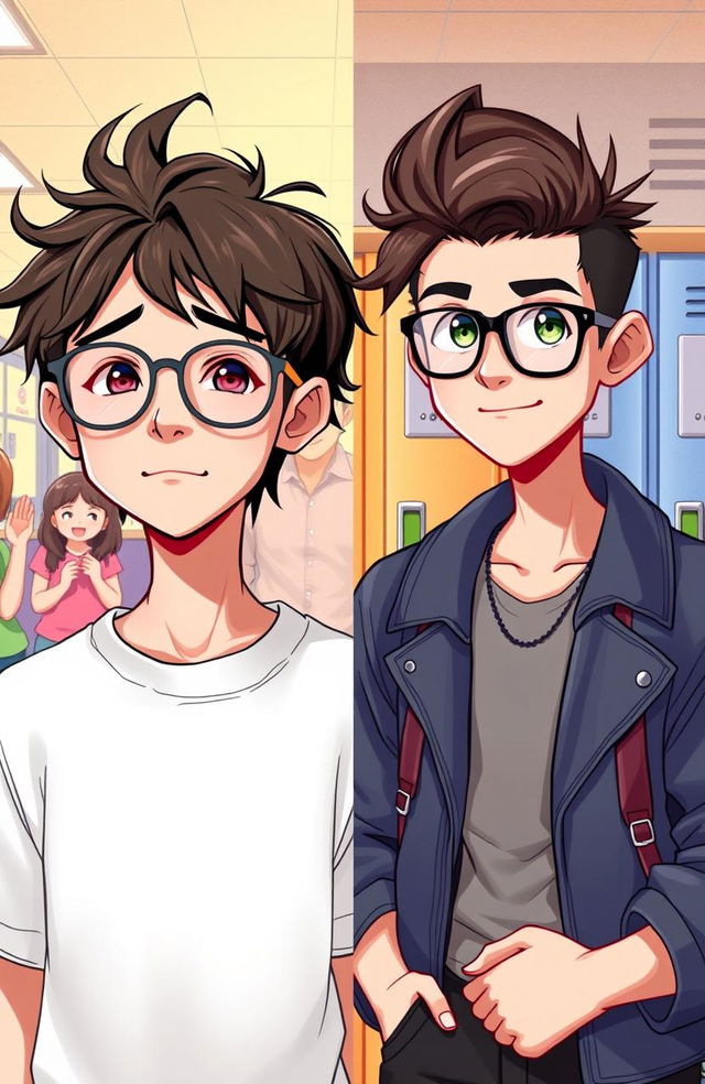 A captivating illustration of a boy's transformation from a nerdy look to a popular style