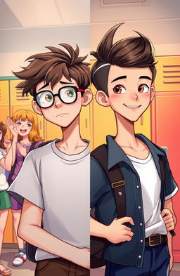 A captivating illustration of a boy's transformation from a nerdy look to a popular style