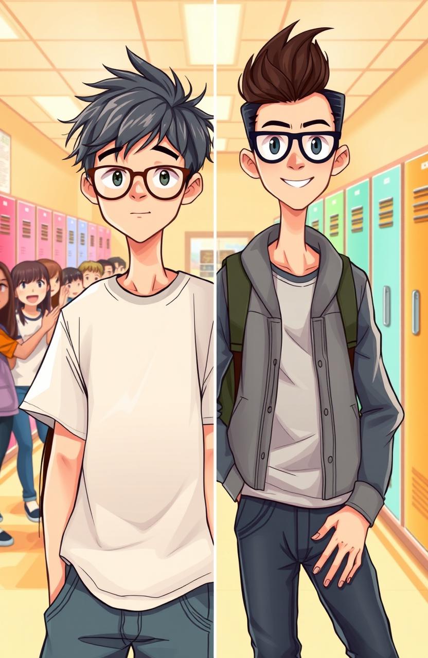 A captivating illustration of a boy's transformation from a nerdy look to a popular style