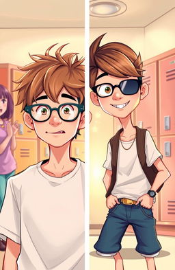 A captivating illustration of a boy's transformation from a nerdy look to a popular style