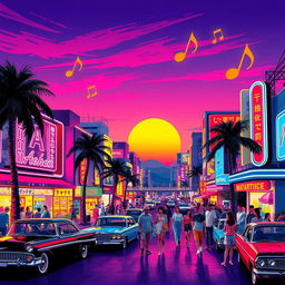 A vibrant and colorful city pop scene featuring retro aesthetics inspired by 1980s Japanese culture