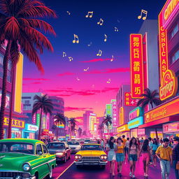 A vibrant and colorful city pop scene featuring retro aesthetics inspired by 1980s Japanese culture